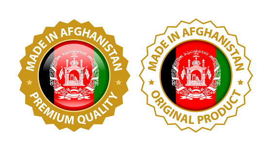 Made in Afghanistan. Vector Premium Quality and Original Product Stamp. Glossy Icon with National Flag. Seal Template