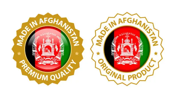 Vector illustration of Made in Afghanistan. Vector Premium Quality and Original Product Stamp. Glossy Icon with National Flag. Seal Template