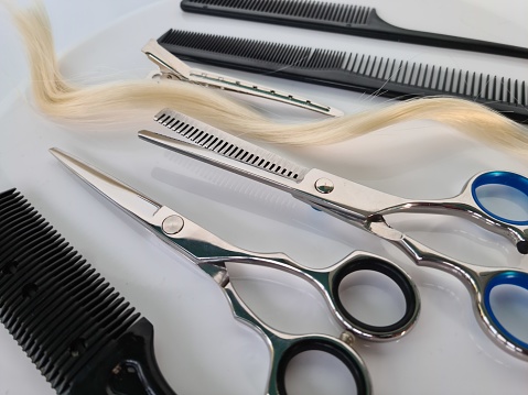 Professional hairdressing kit and hair. Hairdresser and beauty salon services