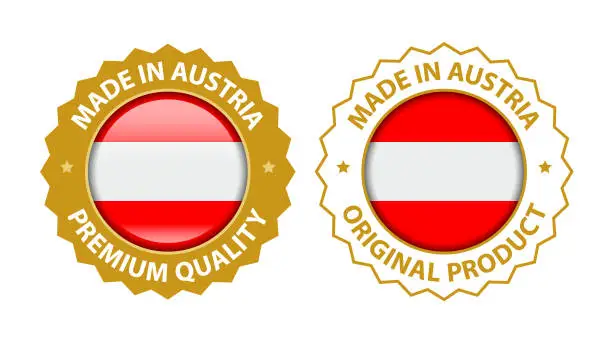 Vector illustration of Made in Austria. Vector Premium Quality and Original Product Stamp. Glossy Icon with National Flag. Seal Template