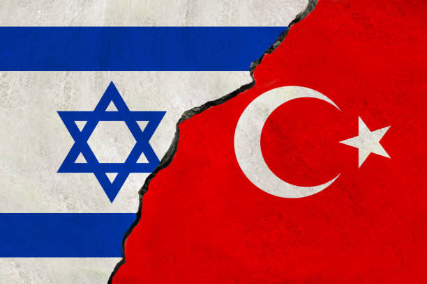 istock Israel and Turkish flag together. Israel and Turkish conflict. 1743331145