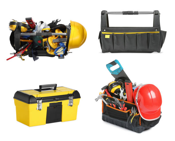 istock Collage of bags and boxes with tools on white background 1743337920