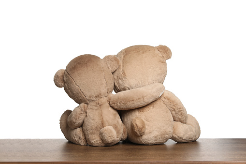Cute teddy bears on wooden table against white background, back view