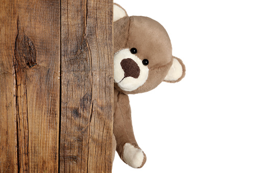 Cute teddy bear peeking out of wooden board on white background