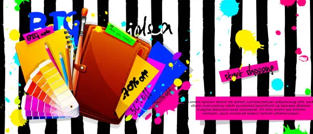 Vector illustration of Creativity and e-commerce concept in cartoon style. A folder with multi-colored paper, a palette of colors, a brush and pencils with a notepad on an abstract black and white striped background with splashes. Stylish creative web banner with discounts.