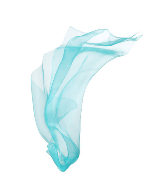 istock Beautiful turquoise tulle fabric flying on white background 1743353639