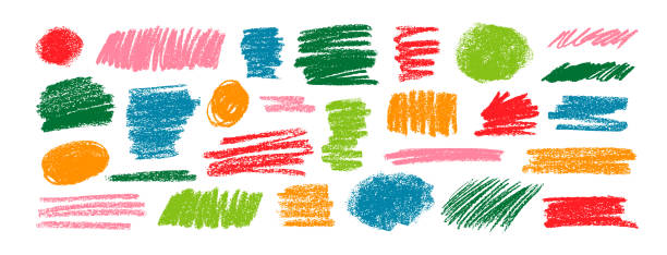 Colorful charcoal strokes, squiggle and shapes collection. Hand drawn vector abstract shapes and lines drawn with pencil or bright colored charcoal. Circles, scribbles and smears.