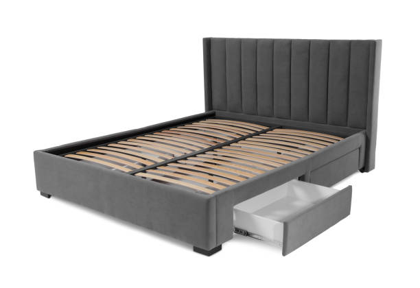 istock Comfortable gray bed with wooden slats on white background 1743365292