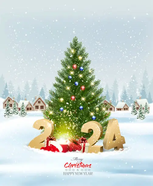 Vector illustration of Merry Christmas and New Year holiday background with presents, christmas tree and and winter village and magic box. Vector.