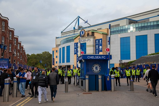 London, United Kingdom - October 01, 2023: Crowd on Game day in front of Chelsea football Stadium Stamford Bridge