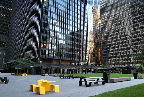 Toronto, Canada - August 27, 2023: A quiet Sunday morning in the shade of the major bank towers around the TD Centre off Wellington Street.