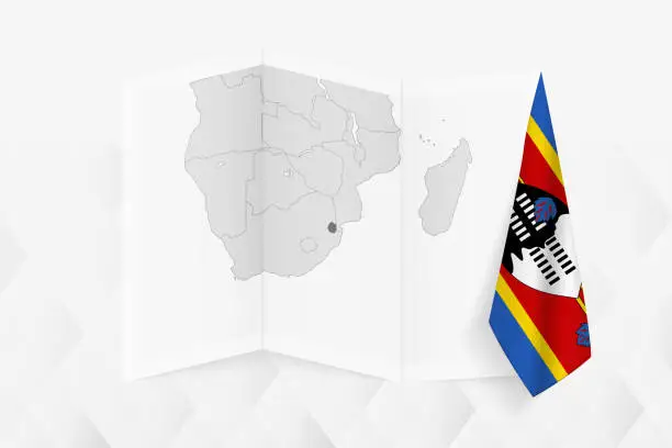 Vector illustration of A grayscale map of Swaziland with a hanging Swazi flag on one side. Vector map for many types of news.