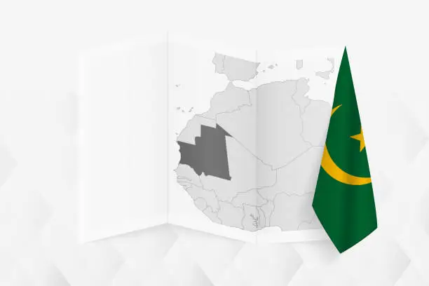 Vector illustration of A grayscale map of Mauritania with a hanging Mauritanian flag on one side. Vector map for many types of news.