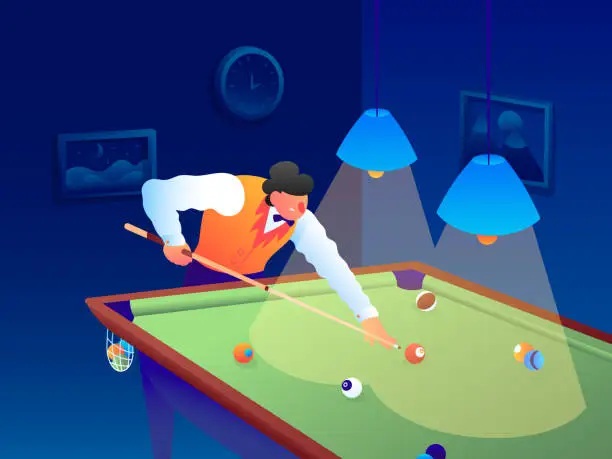 Vector illustration of Man at the Pool Table Playing Billiards