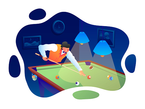 Billiards. A focused man leans over a pool table, cue in hand, lining up his shot with intense concentration. The green felt provides the backdrop for his precision as he calculates angles and strategy in the game of billiards. Vector illustration. Bubble Frame.