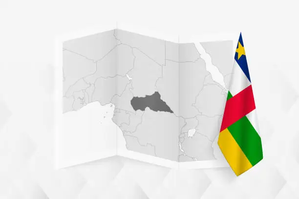 Vector illustration of A grayscale map of Central African Republic with a hanging Central African flag on one side. Vector map for many types of news.