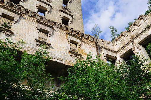 Old ruins of historical building overgrown by vegetation green post-apocalyptic concept.