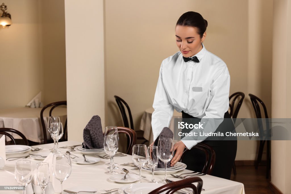 Woman Setting Table In Restaurant Professional Butler Courses Stock Woman Setting Table In Restaurant Professional Butler Courses Stock