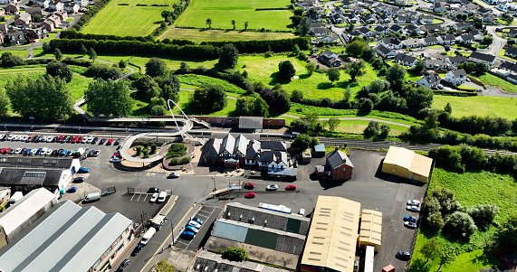 Aerial photo of Joey's Bar Public House Joey Dunlop Robert Dunlop and Ballymoney Train Station Co Antrim Northern Ireland 10-10-23