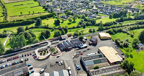 Aerial photo of Joey's Bar Public House Joey Dunlop Robert Dunlop and Ballymoney Train Station Co Antrim Northern Ireland 10-10-23