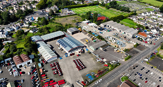 Aerial photo of John McElderry Motors & Tractors LTD Steele Farm Supplies O Harrigans Garage Rudi Gage Car Sales Ballymoney Town Co Antrim Northern Ireland 10-10-23