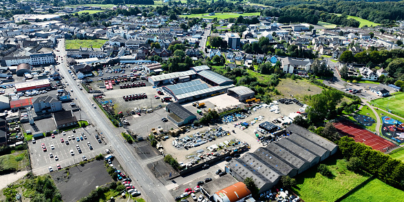 Aerial photo of John McElderry Motors & Tractors LTD Steele Farm Supplies O Harrigans Garage Rudi Gage Car Sales Ballymoney Town Co Antrim Northern Ireland 10-10-23