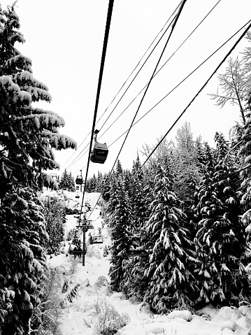 Black and white photo of a ski lift in the winter