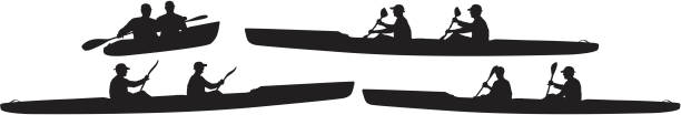 illustrazioni stock, clip art, cartoni animati e icone di tendenza di silhouette di persone kayak - silhouette kayaking kayak action