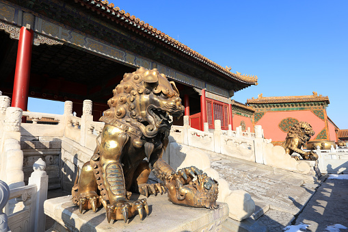 Copper lion of the imperial palace in Beijing, China