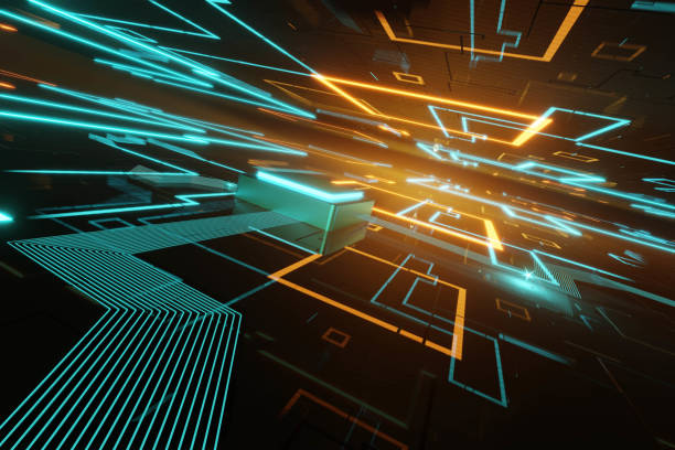 istock 3d render of glossy circuit board with blue and orange highlights 1743561192