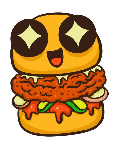 Vector illustration of Kawaii burger cartoon isolated on white
