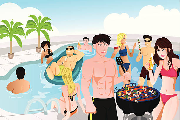 illustrazioni stock, clip art, cartoni animati e icone di tendenza di piscina estiva barbecue party - swimming pool barbecue barbecue grill women