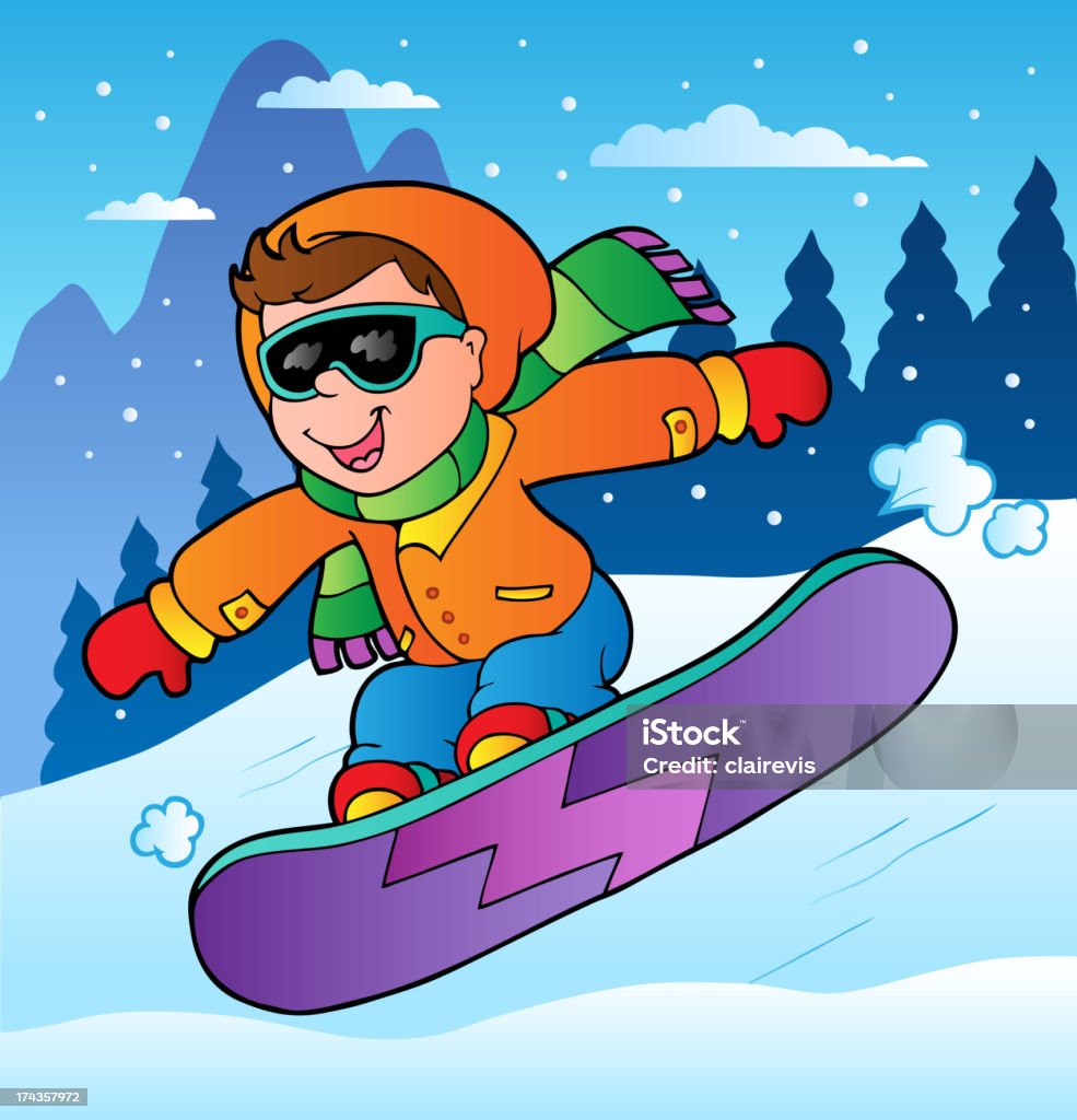 Scena invernale con ragazzo in snowboard - arte vettoriale royalty-free di Abbigliamento