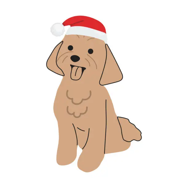 Vector illustration of Christmas Poodle in hand drawn style. Merry Christmas illustration of cute pet with accessory. Flat vector illustration isolated on white background