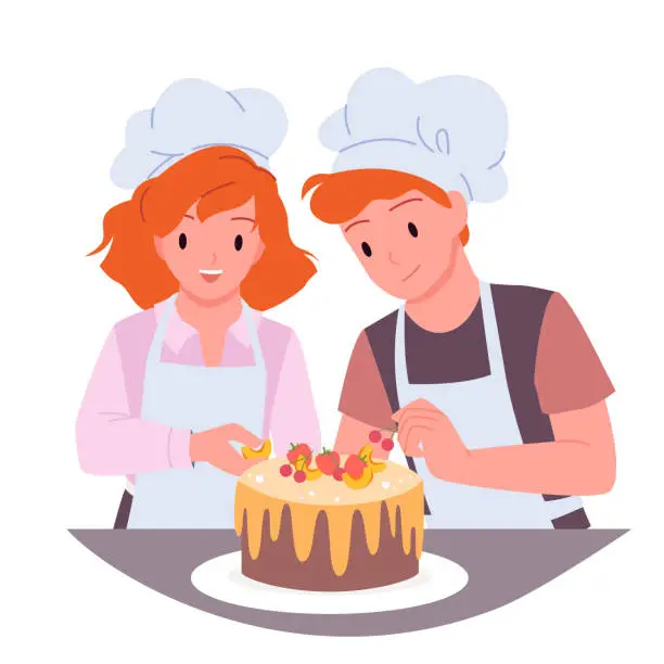 Vector illustration of Kids bake cake, cute children bakers in aprons and chefs hats cook at table together