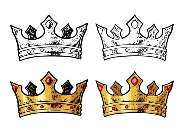 Vector illustration of King crown. Engraving vintage vector color and monochrome illustration.