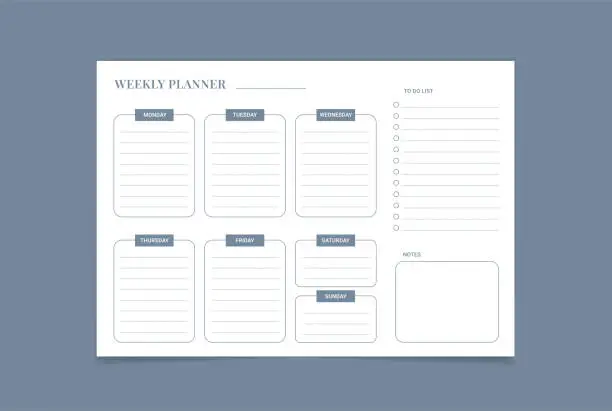 Vector illustration of weekly planner template Vector. Blank white notebook page A4.