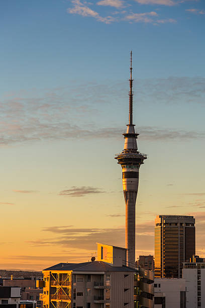 Auckland's Sky Tower at sunset stock photo