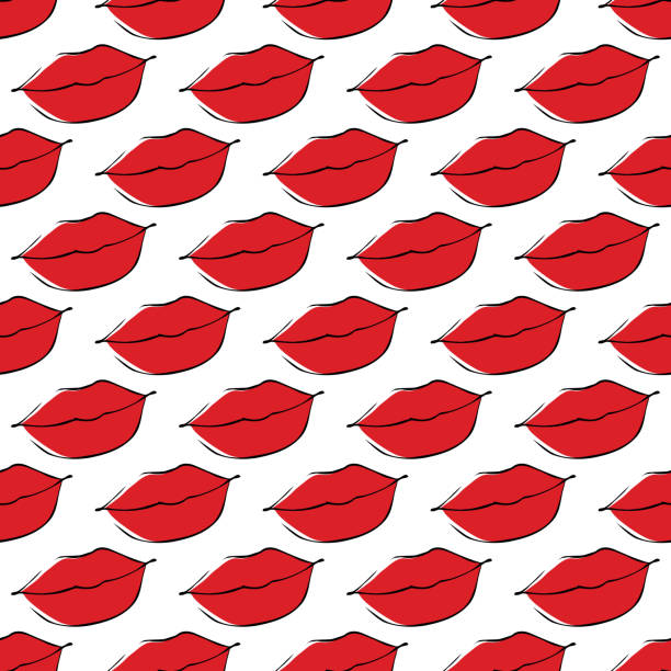 istock Red pink makeup woman lips shapes background Valentine's Day kiss seamless pattern Flat graphic girl mouth backdrop Romantic feminine design. 1743623234