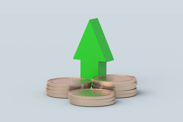 istock Rising exchange rates. Increased financial assistance. Positive dynamics in attracting investments. Growth of salaries. Profit and income. Stack of coins near green up arrow. 3d render 1743623296