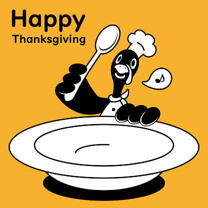 Thanksgiving characters vector art illustration.
Cute monochrome design of a turkey chef holding a large plate and spoon on Thanksgiving Day.