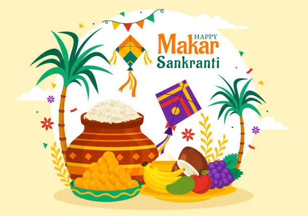 Vector illustration of Makar Sankranti Vector Illustration. Translation the Harvest Festival. Indian Festive with Flying Colorful Kites And String Spools in Flat Background