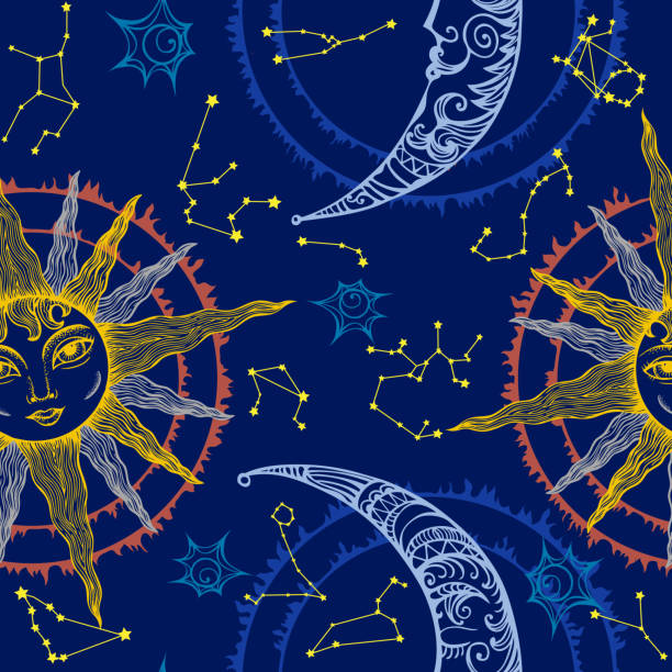 Sun and moon Sun, moon and zodiac seamless composition maiden stock illustrations