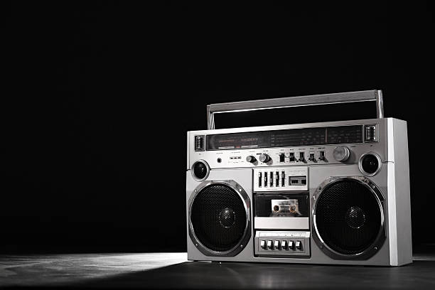 1980s Silver radio boom box on black stock photo
