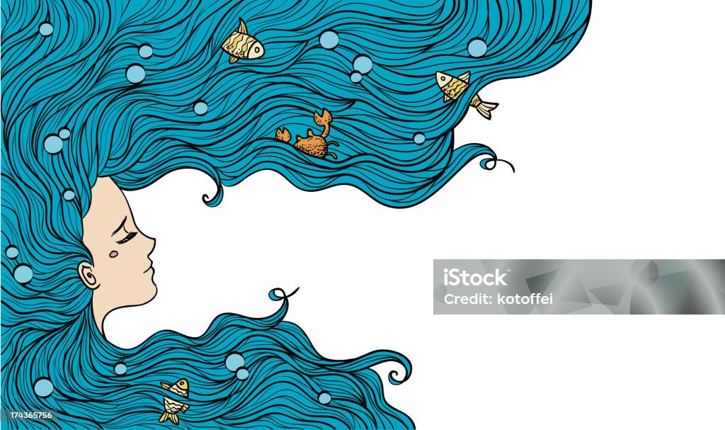 Girl with long blue hair half face Girl with long blue hair half face - sea theme with fishes and crab Mermaid stock vector