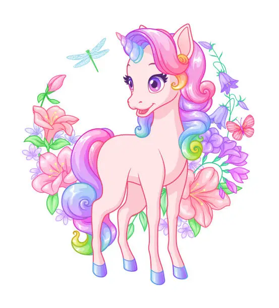 Vector illustration of Cute pink baby unicorn surrounded with flowers. Cartoon vector illustration.