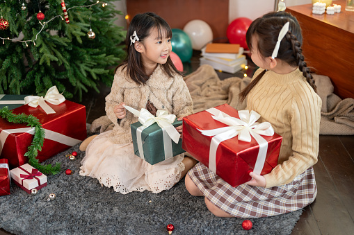 Two cute and happy young Asian girls in cute dresses are sitting near the Christmas tree in the living room with their Christmas gifts, having fun and celebrating Christmas together.