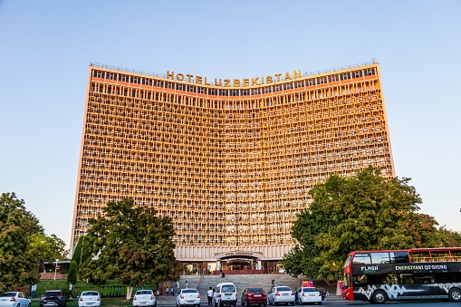 Tashkent, Uzbekistan - August 15, 2023: Central hotel and landmark Hotel Uzbekistan located on the central square named after Amir Temur.