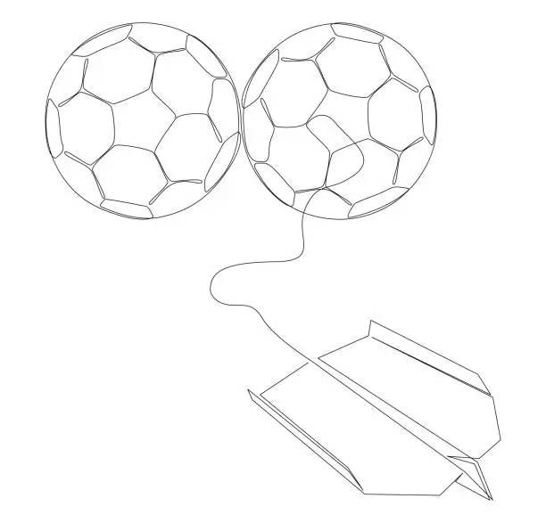 Vector illustration of One continuous line of Paper Airplane with football ball. Thin Line Illustration vector concept. Contour Drawing Creative ideas.