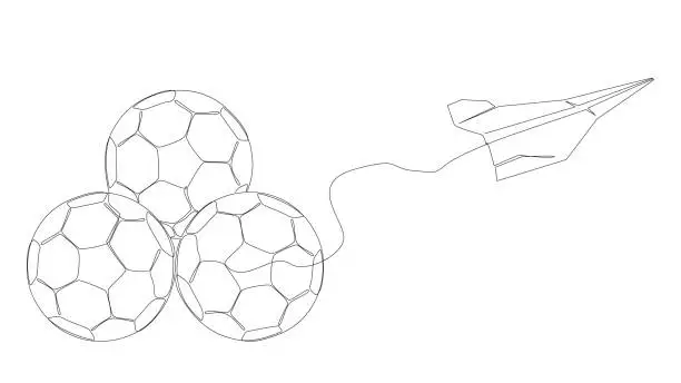 Vector illustration of One continuous line of Paper Airplane with football ball. Thin Line Illustration vector concept. Contour Drawing Creative ideas.